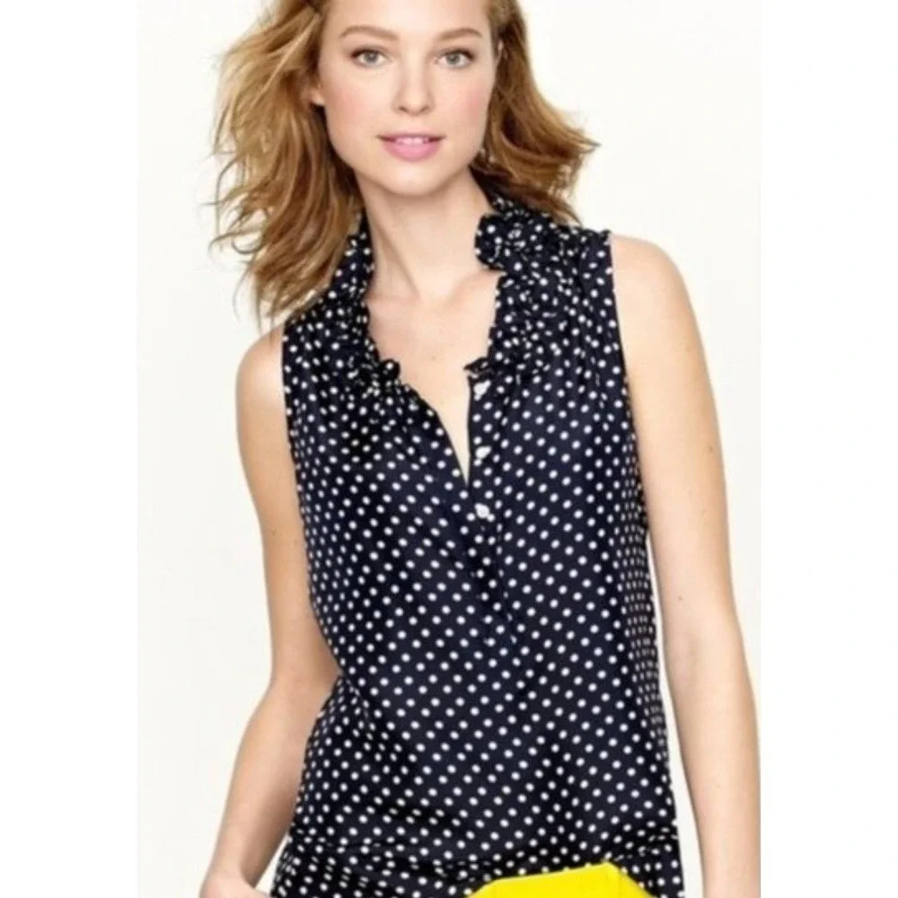 J. Crew Women's Naomi Silk Polka Dot Top Ruffle Neck Sleeveless Blouse Size 4‎